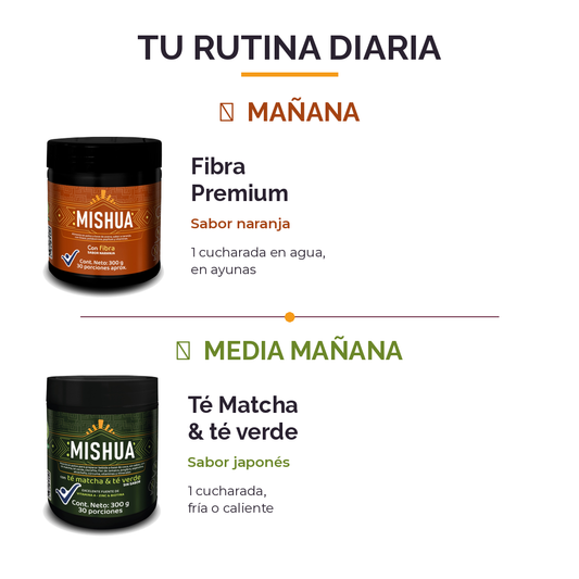 Rutina diaria Mishua: Fibra al despertar y Té Matcha media mañana, bebidas funcionales con ingredientes naturales