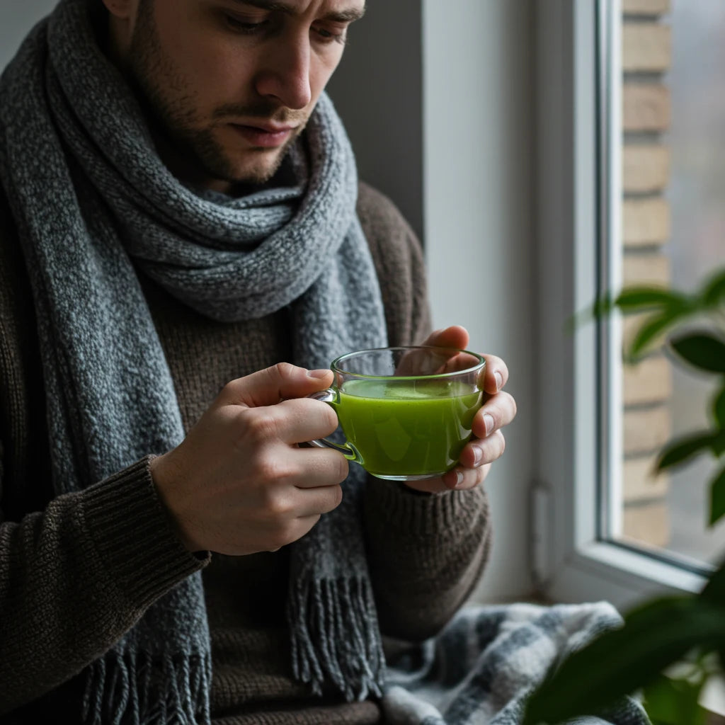 Hombre con síntomas leves tomando té verde para fortalecer el sistema inmune de forma natural