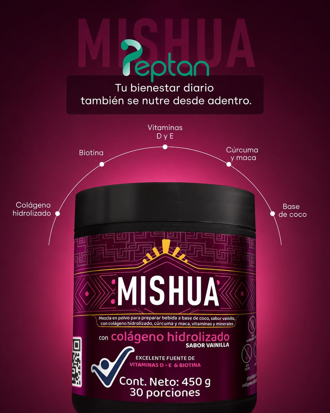 Péptidos de Colágeno Hidrolizado Peptan® 100% puro | Con Biotina, Vitaminas y Minerales – Mishua