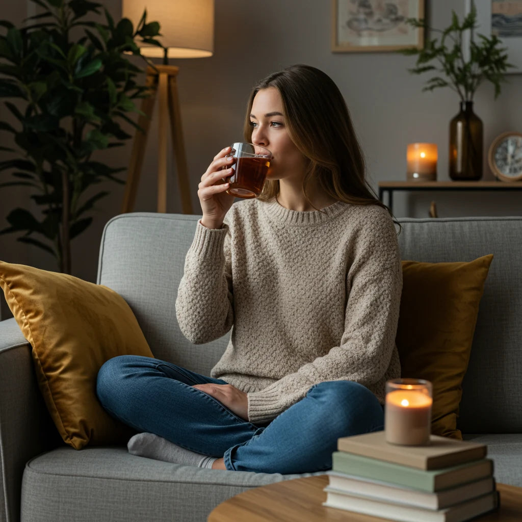 Mujer relajada tomando suplemento natural  de citrato de magnesio y potasio para estrés y ansiedad en ambiente tranquilo
