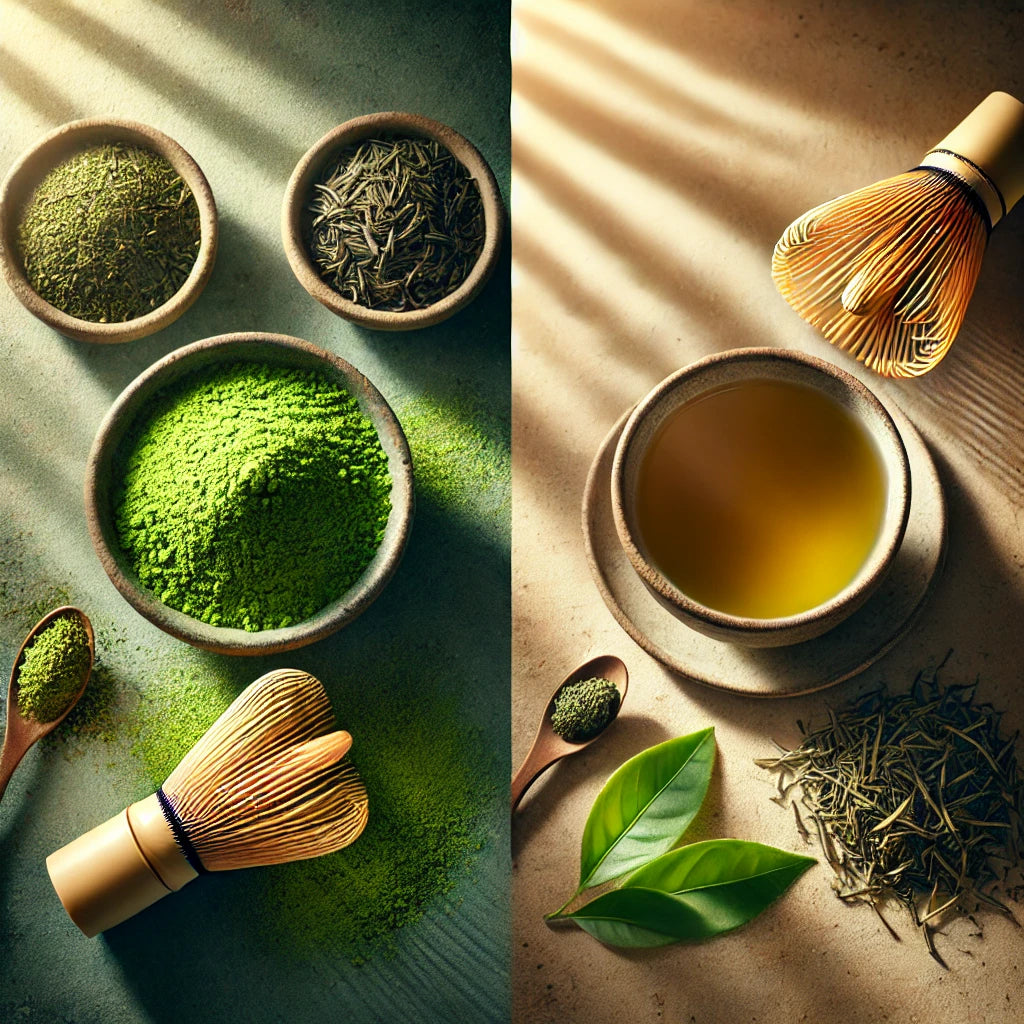 Comparación entre matcha y té verde: polvo de matcha verde vibrante frente a hojas secas de té verde, mostrando las diferencias en apariencia y métodos de procesamiento.