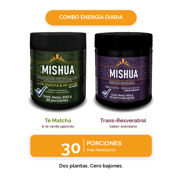 Combo Energía Diaria Mishua: Té Matcha japonés y Trans-Resveratrol sabor arándano, 30 porciones por frasco, energía limpia con compuestos naturales