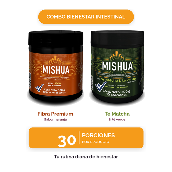 Combo Bienestar Intestinal Mishua: Fibra Premium y Té Matcha japonés, 30 porciones por frasco, sin azúcar añadida, industria colombiana
