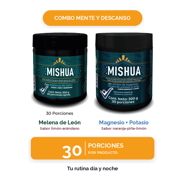 Combo Mente y Descanso Mishua: Melena de León y Magnesio con Potasio, 30 porciones por frasco, ingredientes naturales, industria colombiana
