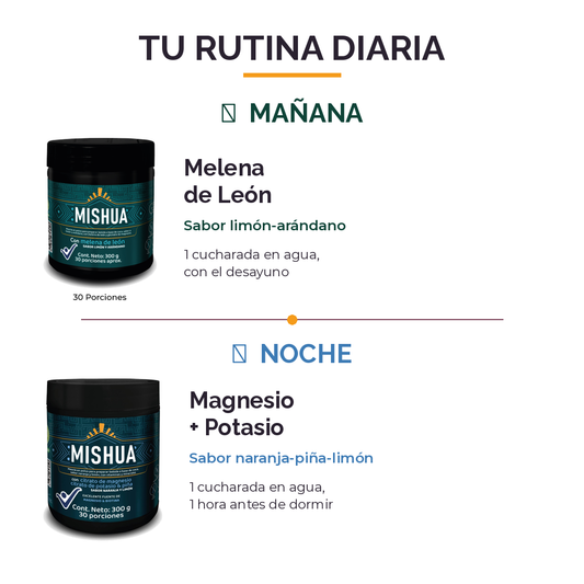 Rutina diaria Mishua: Melena de León en la mañana y Magnesio en la noche, bebidas funcionales con compuestos naturales