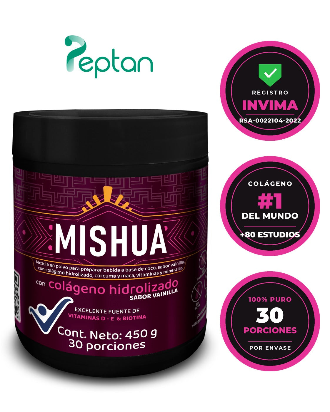 Péptidos de Colágeno Hidrolizado Peptan® 100% puro | Con Biotina, Vitaminas y Minerales – Mishua