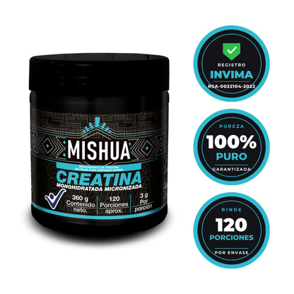 Tarro de creatina monohidratada micronizada Mishua 360g, 120 porciones