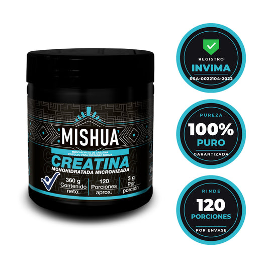 Tarro de creatina monohidratada micronizada Mishua 360g, 120 porciones